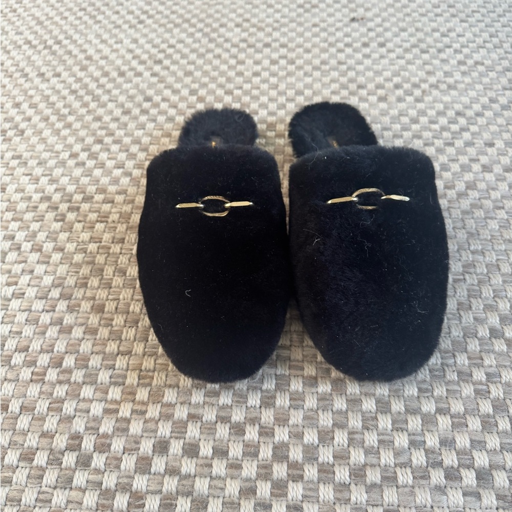 Anine Bing Black Fuzzy Slippers with Gold Detail